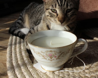 Leaves Candle in Antique Vintage Teacup, Unique Whimsical Cozy Gift Secondhand Handmade