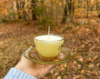 Candle in teacup WITH Saucer, Choose Your Fragrance, Unique Upcycled Whimsical Cozy Gift Handmade Vintage depression glass