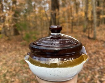 Candle in Brown Glazed Stoneware Single Serving Bowl with Lid / Vintage, Choose Your Fragrance, Unique Whimsical Cozy Gift Handmade