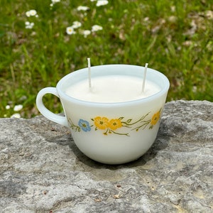 Candle in Pyrex “Flirtation Butterflies Blue Yellow” Mug Cup, Choose Your Fragrance, Unique Whimsical Cozy Gift Handmade