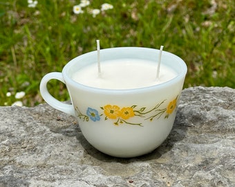 Candle in Pyrex “Flirtation Butterflies Blue Yellow” Mug Cup, Choose Your Fragrance, Unique Whimsical Cozy Gift Handmade
