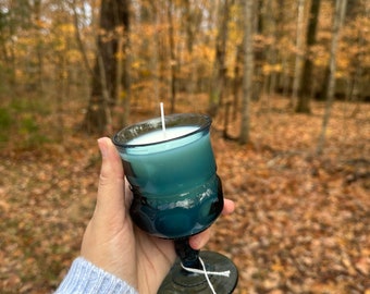 Candle in vintage blue glass dish Cup, Choose Your Fragrance, Unique Whimsical Cozy Gift Handmade