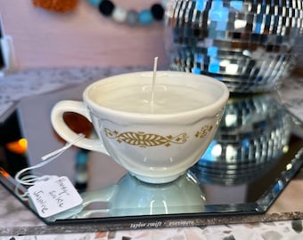 Honeysuckle Jasmine Candle in Vintage cup mug, Unique Whimsical Cozy Gift Secondhand Handmade