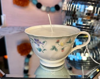 Honeysuckle Jasmine Candle in upcycled teacup, Unique Whimsical Cozy Gift Secondhand Handmade