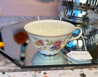 Butterbeer (butterscotch brûlée) candle in Antique Vintage Teacup, Unique Whimsical Cozy Gift Secondhand Handmade