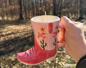 Candle in cowboy boot mug, Choose Your Fragrance, Unique Upcycled Whimsical Cozy Gift Handmade Vintage Candle with a Handle