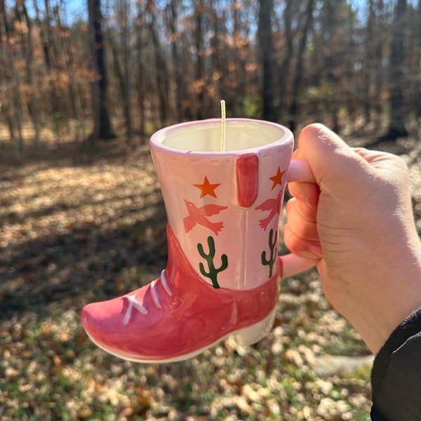Candle in cowboy boot mug, Choose Your Fragrance, Unique Upcycled Whimsical Cozy Gift Handmade Vintage Candle with a Handle