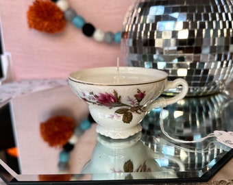 Olive Oil and Bergamot Candle in Antique Vintage Tea cup , Unique Whimsical Cozy Gift Secondhand Handmade