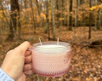 Candle in pink glass textured Mug Cup, Choose Your Fragrance, Unique Whimsical Cozy Gift Handmade