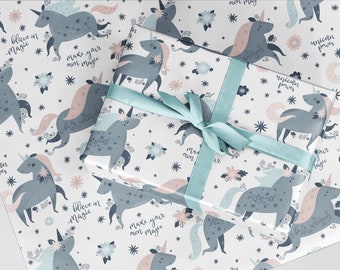 2 SHEETS OF THICK GLOSSY GIRLS CHILDREN/'S UNICORN BIRTHDAY WRAPPING PAPER