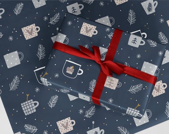 Christmas Wrapping Paper, Hygge Christmas Wrapping Paper, Christmas Gift Wrap, Navy, Cosy, Mugs
