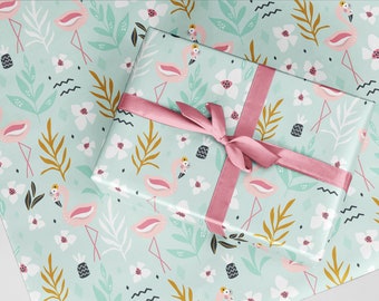 Flamingo Gift Wrap, Flamingo Wrapping Paper, Birthday Gift Wrap, Green, Pink, Tropical