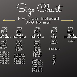 Peut inclure: Tableau des tailles pour les impressions num&eacute;riques au format JPG. Cinq tailles sont list&eacute;es&nbsp;: 16x20 (ratio 4:5), 18x24 (ratio 3:4), 24x36 (ratio 2:3), A1 (ISO) et 11x14 (ratio 11:14). Les mesures sont indiqu&eacute;es en pouces et en centim&egrave;tres.