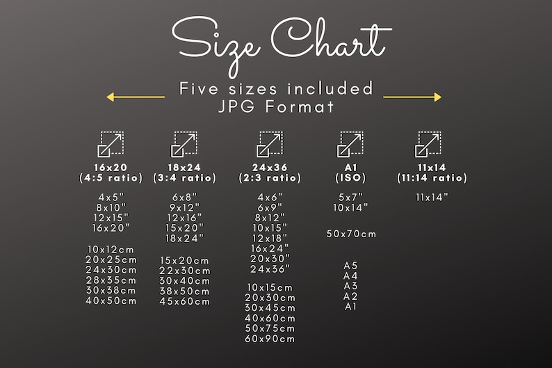 Peut inclure: Tableau des tailles pour les impressions num&eacute;riques au format JPG. Cinq tailles sont list&eacute;es&nbsp;: 16x20 (ratio 4:5), 18x24 (ratio 3:4), 24x36 (ratio 2:3), A1 (ISO) et 11x14 (ratio 11:14). Les mesures sont indiqu&eacute;es en pouces et en centim&egrave;tres.