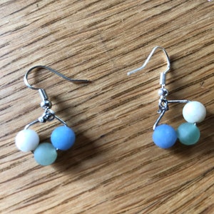 Teardrop blue green and white handmade earrings