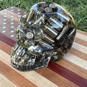 Handmade Resin Skull with 9mm Bullet Casings | Epoxy Skull Art | Gun-Themed Decor | Man Cave Gift | Military Decor | Gothic Skull Sculpture