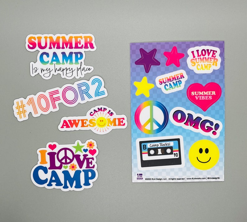 Summer Camp Water Bottle Stickers - Original artwork by RLM Design - assorted designs Full Set (5)