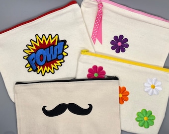 Canvas pouch with zipper - by RLM Design - pencil case, cosmetic case, change purse, iron-on patches, superhero, flower, mustache, hearts
