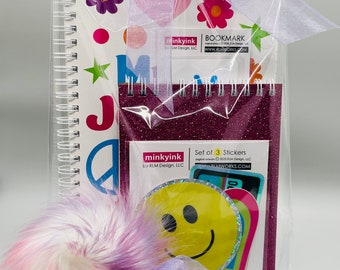 Journal Gift Set – Spiral Notebook, Water Bottle Stickers, Glitter Pad & Bookmark