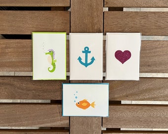 Embellished Note Cards - by RLM Design, LLC - Heart, Anchor, Goldfish, Seahorse - single note sets