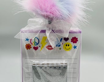 Fuzzy Pen Stationery Gift Set – Flat Notes & Mini Glitter Pad
