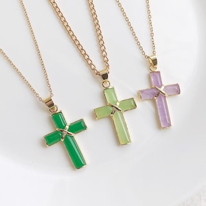 Gold Plated Green, Purple Cross Jade Amulet Pendant Necklace
