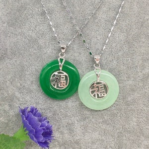 White gold plated/ Good Fortune Fu Green Jade Pendant Necklace, Lucky Gift