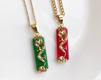 Gold Plated Green/ Purple Jade Dragon Amulet Pendant Necklace