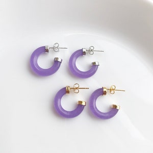 White Gold plated/ Gold plated, Lavender Purple Jade Circle Hoop Stud Earrings, Jade Earring