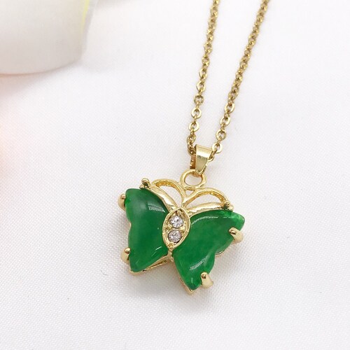 Green Jade Butterfly Pendant Gold 