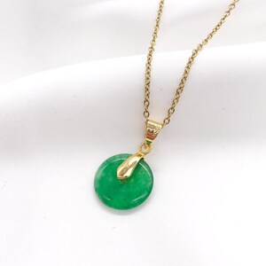 Lucky Genuine Green Jade Circle Coin Pendant Gold Plated Necklace