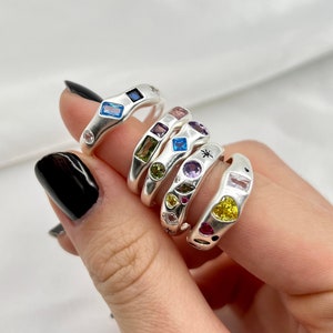 Y2K Retro Fashion Chunky Silver Ring with Gemstones Cubic Zirconia, Korean Fashion Statement Rings, Stackable Rings, Open Ring Adjustable