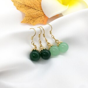 Green Jade Bead Dangle Drop french wire Earrings, Gold plated