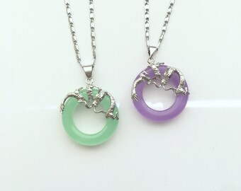 Genuine Purple and Green Jade Dragon and Phoenix Circle Necklace