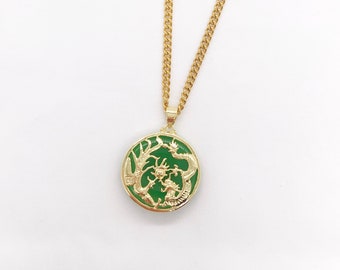 Genuine Purple and Green Jade Dragon and Phoenix Circle Necklace