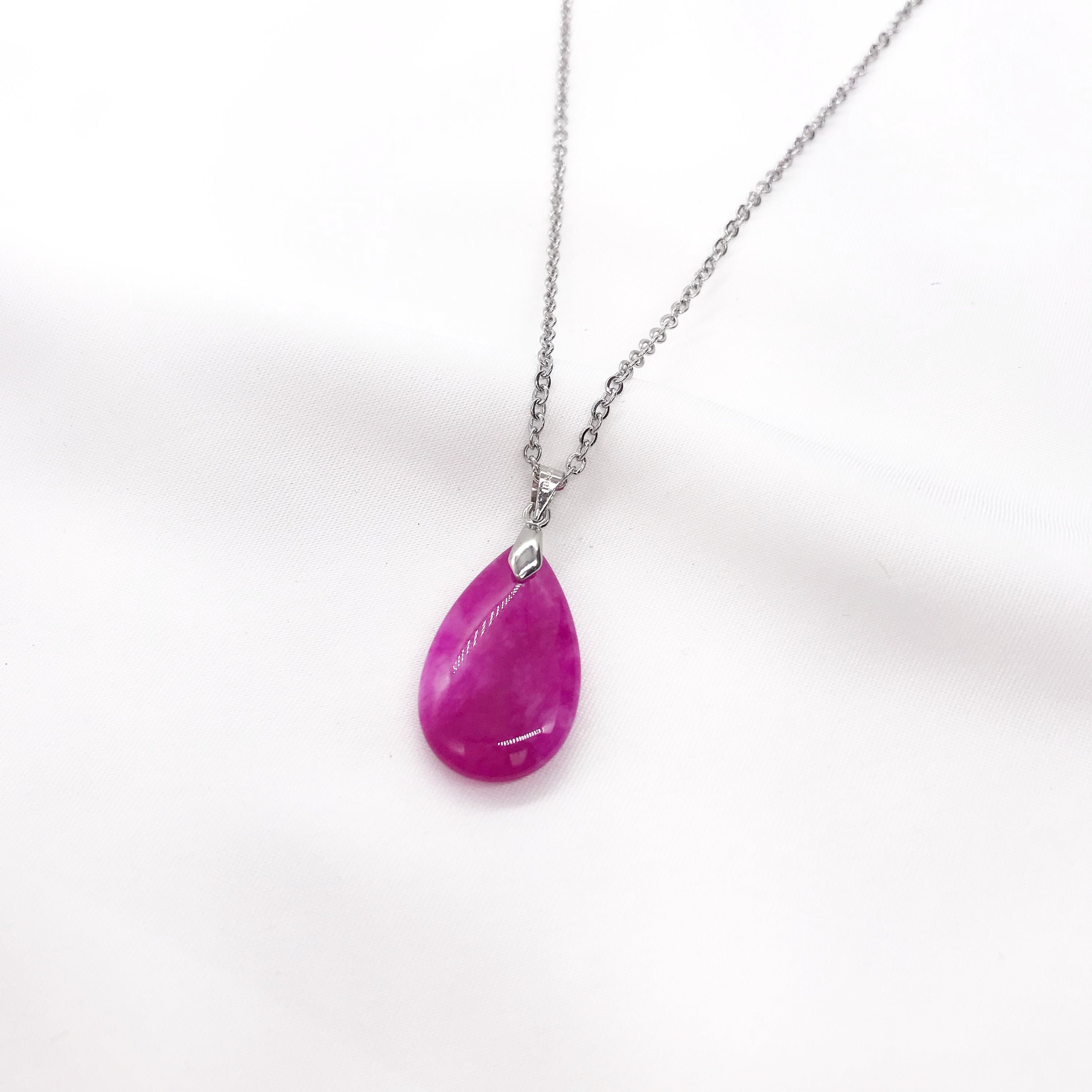 Genuine Pink Jade Teardrop Pendant Necklace White Gold Plated Etsy