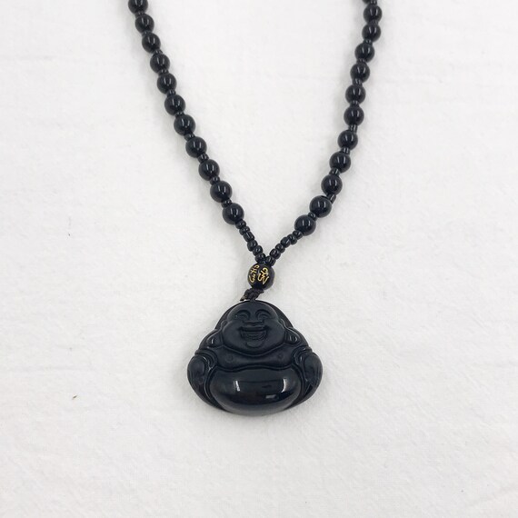 Crystal Natural black obsidian big belly buddha necklace pendant with bead  chain | eBay