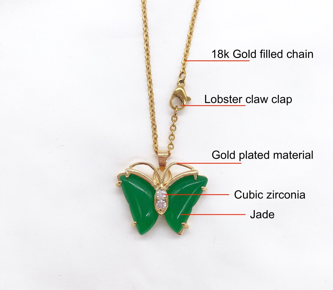 Green Jade Butterfly Pendant Gold Plated Necklace Etsy