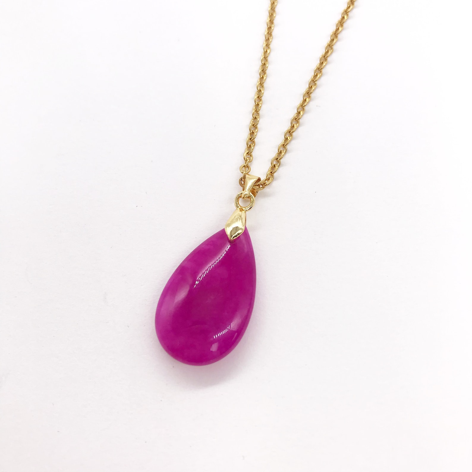 Genuine Pink Jade Teardrop Pendant Necklace Gold Plated Etsy