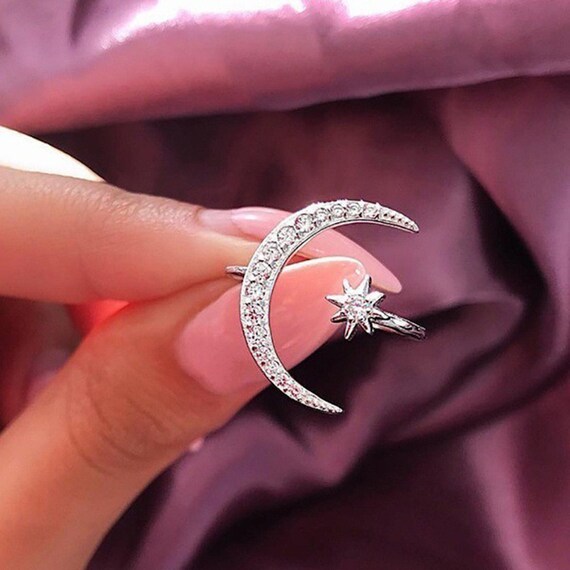 Shiny Moon and Star Design Cubic Zirconia Fashion Jewelry Rings Etsy