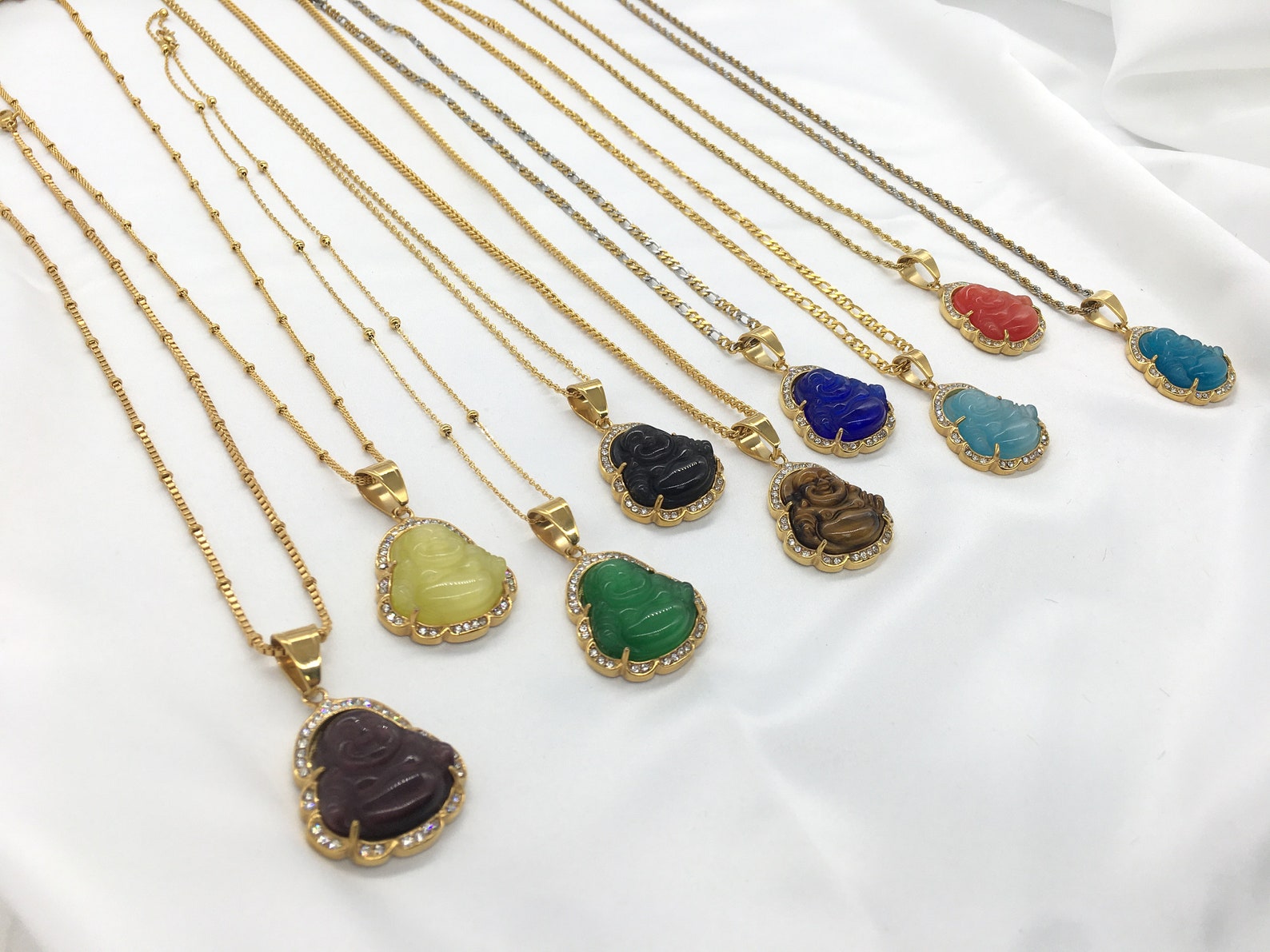 18k Good Filled Wisdom Jade Tiger Eye Stone Laughing Buddha Etsy