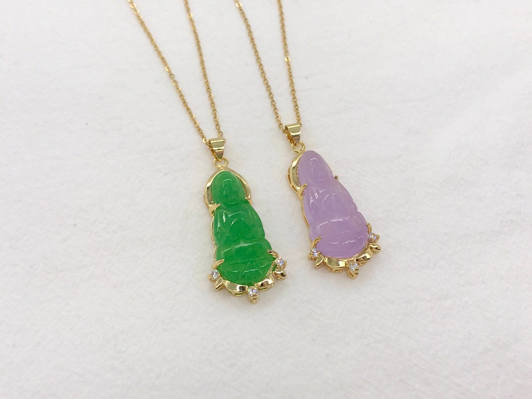 18K Gold Plated Green GUANYIN Buddha Pendant Necklace - 35x19mm Pendant, 3mm Flat Figaro Chain, Adjustable 18"+2" Or 22"+2"