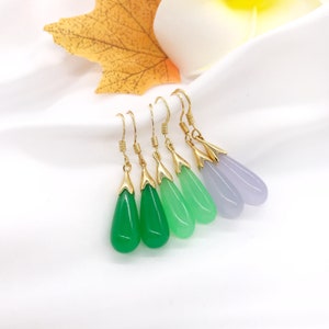 Genuine Green Jade Teardrop Drop Earrings, Gold plated