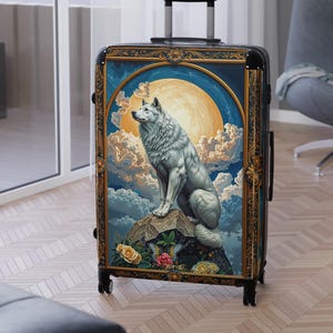 Majestic Wolf Suitcase, Animal Print Carry-On Travel Bag, Durable Hard Shell, Moonlit Night Travel Luggage, Vintage Ornate Spinner - 1002