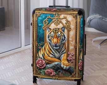 Regal Tiger-koffer | Bloemen barokke bagage | Luxe handbagage met harde schaal | Artistieke tas met dierenprint | Avontuurlijke reisaccessoire | 1007