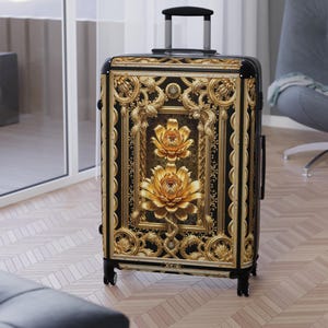 Maleta dorada con estampado floral / Equipaje dorado / Equipaje de mano rígido / Artículos de diseño para vacaciones / Bolso con estampado floral / Accesorio elegante para viajeros / 1023