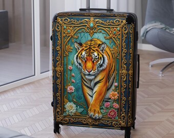 Realistische tijgerkoffer | Bagage met dierenprint | Gouden barokke reistas | Luxe handbagage met harde schaal | Jetsetters-reisaccessoire | 1014