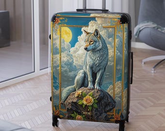 Luna Wolf-koffer | Bagage bij volle maannacht | Harde handbagage | Tas met wilde dierenprint | Moderne modieuze tas | Jetsetter-accessoire | 1003