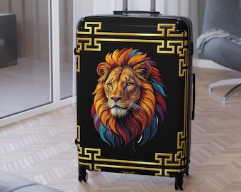 Artistieke leeuwkoffer, gouden geometrische bagage, reistas met harde schaal, handbagage met exotische dierenprint, uitrusting voor avontuurlijke jetsetters | 1006