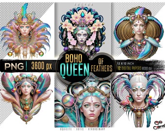 BOHO Feather Queen Art, 12 Ultra Hi-Res Digital Papers 3600px @300dpi PNG, Art for Wallpapers, T-Shirt printing, Transparent PNG | 5002